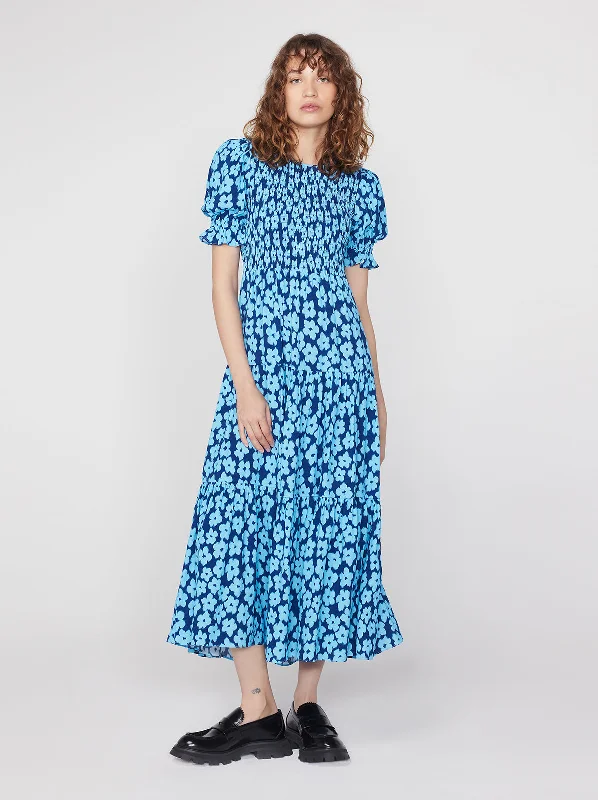 Persephone Blue Blurred Floral Midi Dress Pleated Floral Midi