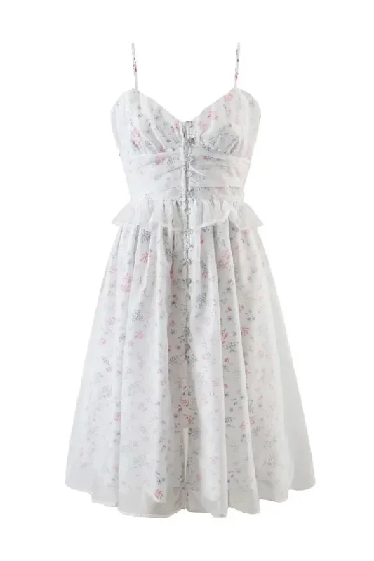 Princess White Floral Ball Gown Sling Organza Dress Women Buttons Slit Spliced Wood ears Swing Midi Fairy Midi Skirt Chic