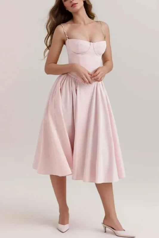 Romantic Wire Corset Style Low Waist Ruched Pleated Swing Long Midi Dress Women Sexy Summer Midi Sling Elegant Satin Skirt