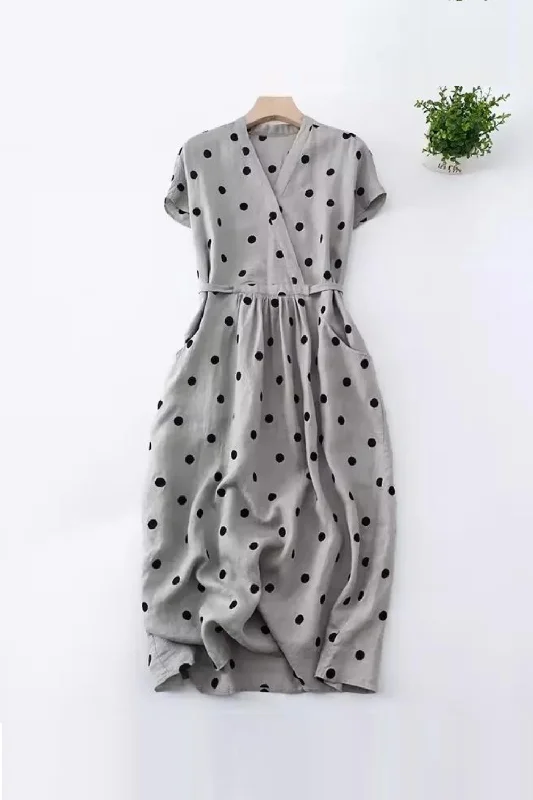 Summer Women Dresses Elegant Short Sleeve Drawstring Midi Dress Vintage Polka Dot Sundress Vintage Midi Skirt