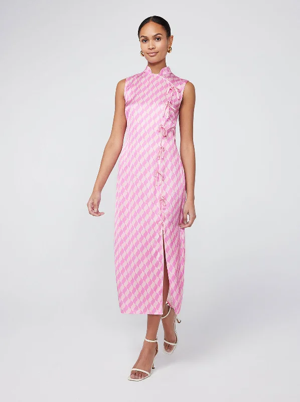 Virginia Pink Wavy Tile Midi Dress Slim Fit Midi