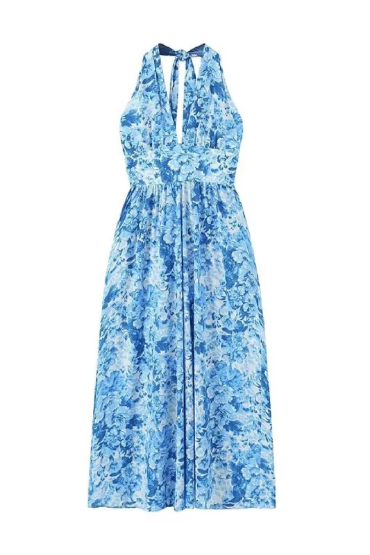 Women Backless Halter Blue Floral Midi Dresses Sleeveless Female Holiday Summer Dresses Casual Midi Skirt