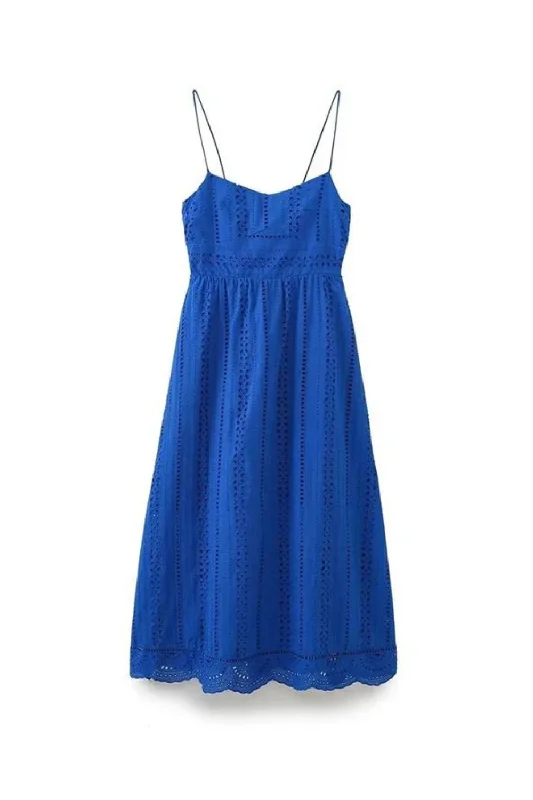 Women Hollow Out Embroidery Blue Spaghetti Strap Dress Female Midi Summer Dresses Midi Skirt Outfit