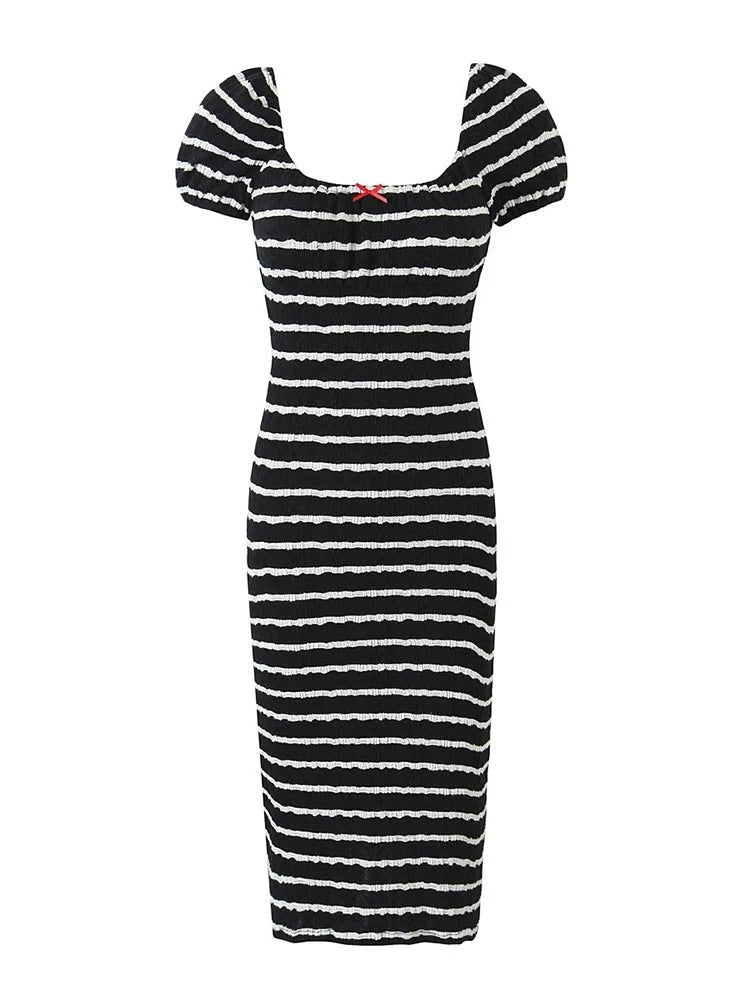 Women Striped Stretch Knit Midi Dress Cute Square Collar Sexy Slim Chic Puff Sleeve Dresses Soft Denim Midi