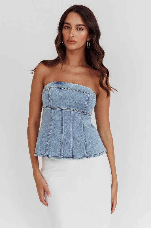 Cathlin Strapless Top Denim Blue Denim Skirt Casual