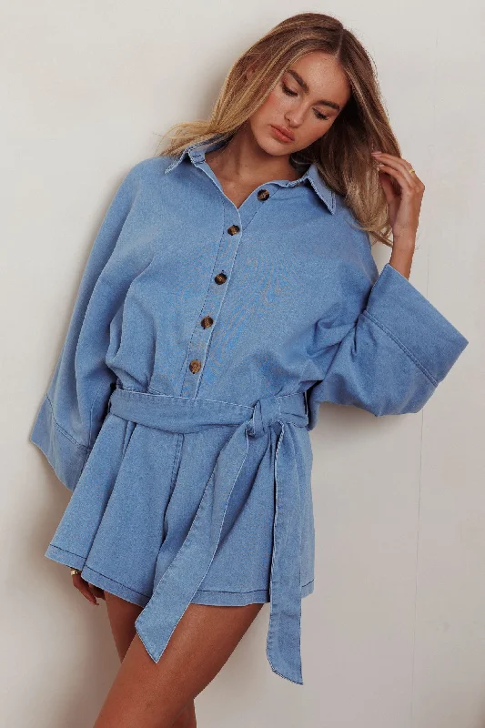 Daytona Beach Button-Up Romper Denim Blue Tattered Denim Skirt