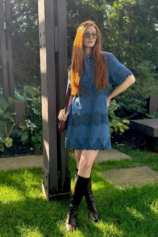 Elle Embroidered Tunic Dress in Indigo Denim Denim Skirt Casual