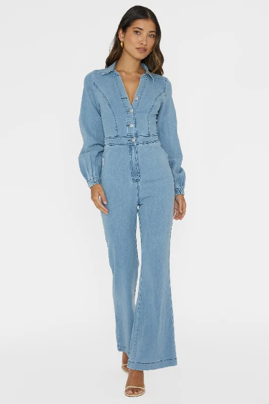 Emilio Long Sleeve Jumpsuit Denim Blue Ripped Hem Denim