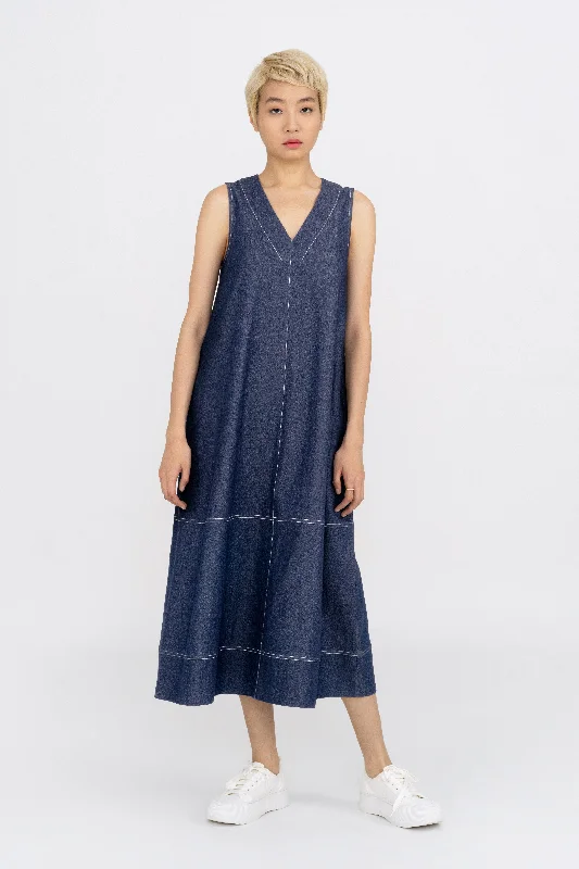 Frances Contrast Stitch Denim Dress Flared Hem Denim Skirt