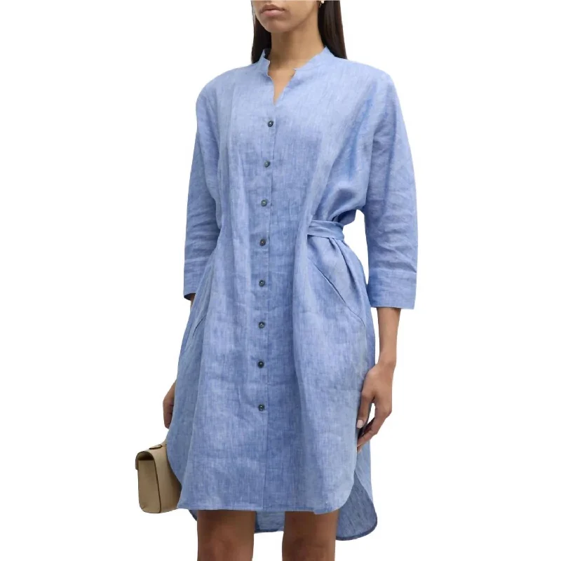 Fresia Caftan Dress In Denim Blue Casual Button Denim