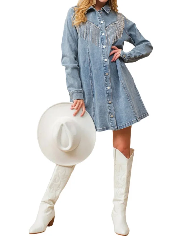 Fringe Denim Dress In Blue Tattered Denim Skirt