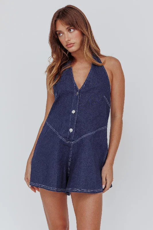 Glowing Halterneck Romper Dark Denim White Denim Skirt