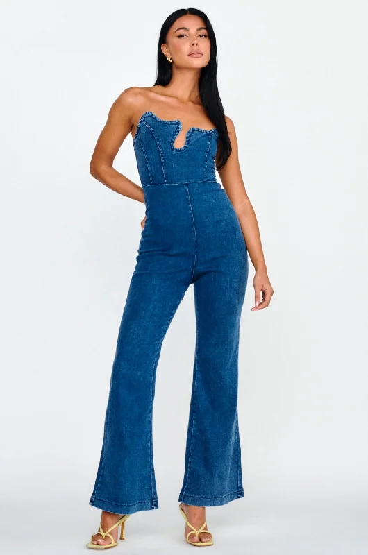 Horizon Strapless Wavy Neckline Jumpsuit Denim Fitted Denim Skirt