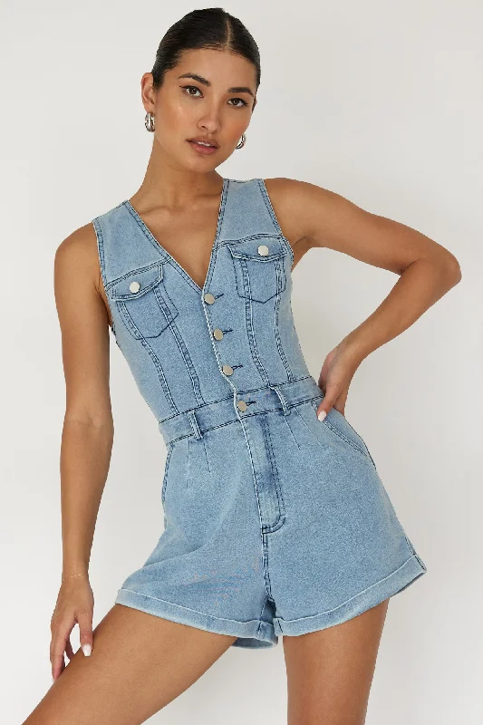 Jazelle Button Front Romper Denim Modern Denim Skirt