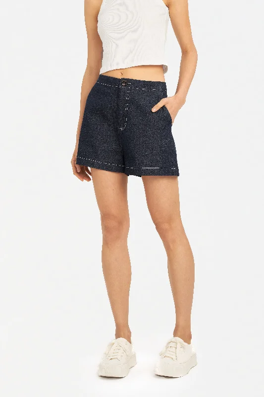 Jerilyn Contrast Stitch Denim Shorts Raw Hem Denim