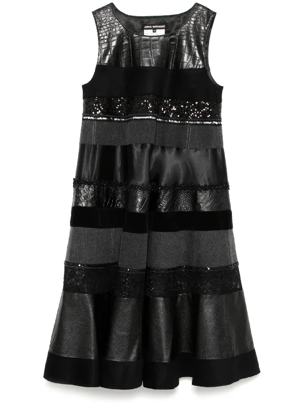 Cotton Black Denim X Multi Fabric Dress Belted Denim Skirt