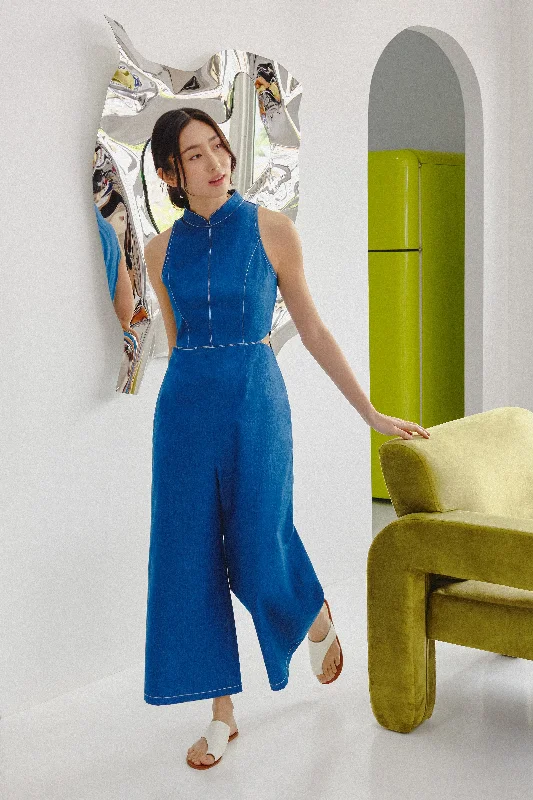 [Online Exclusive] Moana Cut Out Denim Jumpsuit Stylish Ripped Denim