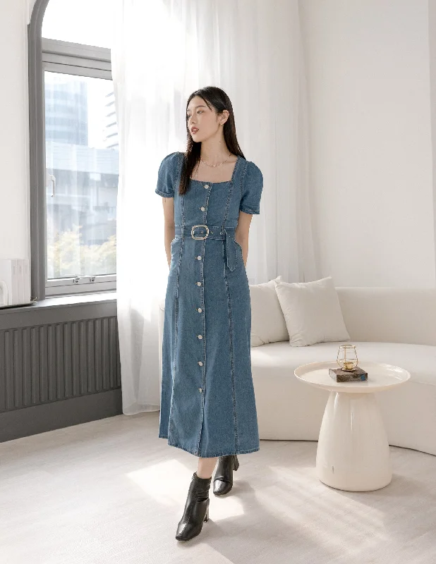 Natasha Denim Dress in Mid Wash Denim Skirt Fashion