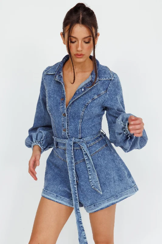 New Day Long Sleeve Button-Up Romper Denim Sexy Denim Skirt