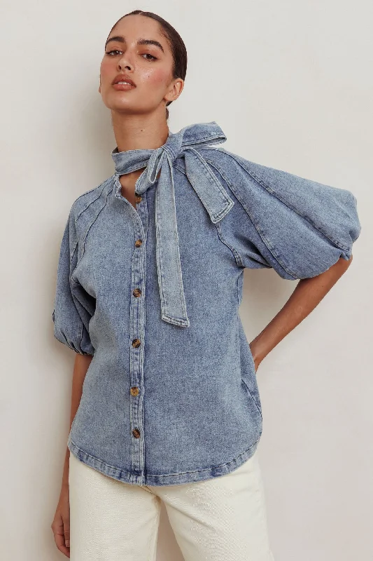 Notice Me Puff Sleeve Neck Bow Top Denim Blue Dark Denim Skirt