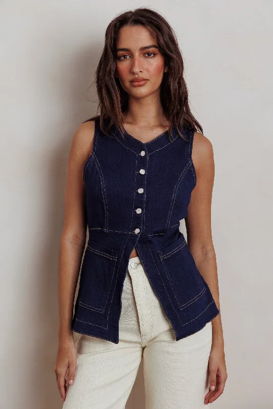 Philomena Button Front Pocket Vest Top Denim Stylish Ripped Denim