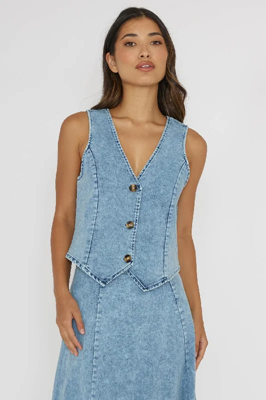 Rhythms Button Vest Denim Blue Fringe Denim Skirt