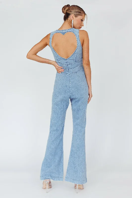 Teigan Heart Back Sleeveless Jumpsuit Light Denim Front Button Denim