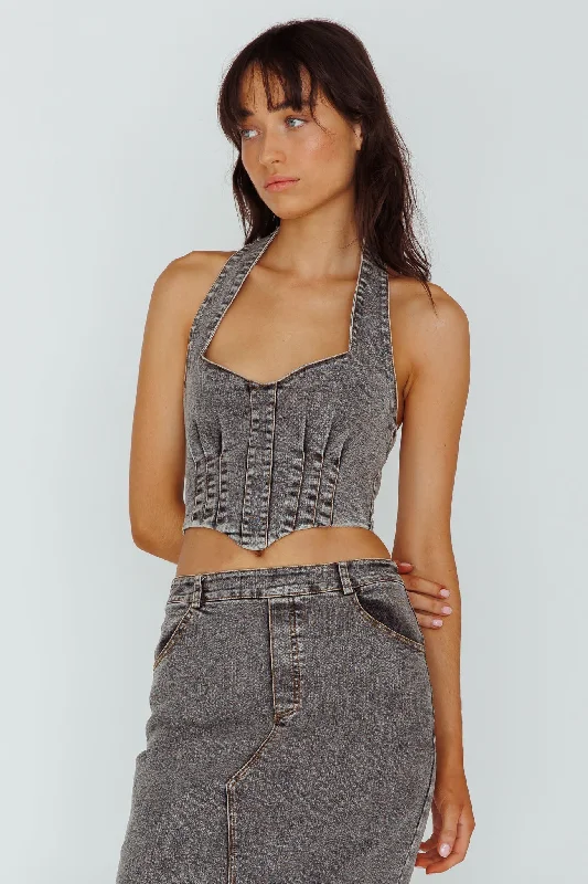 Zurich Halter Crop Top Denim Grey Flared Hem Denim Skirt